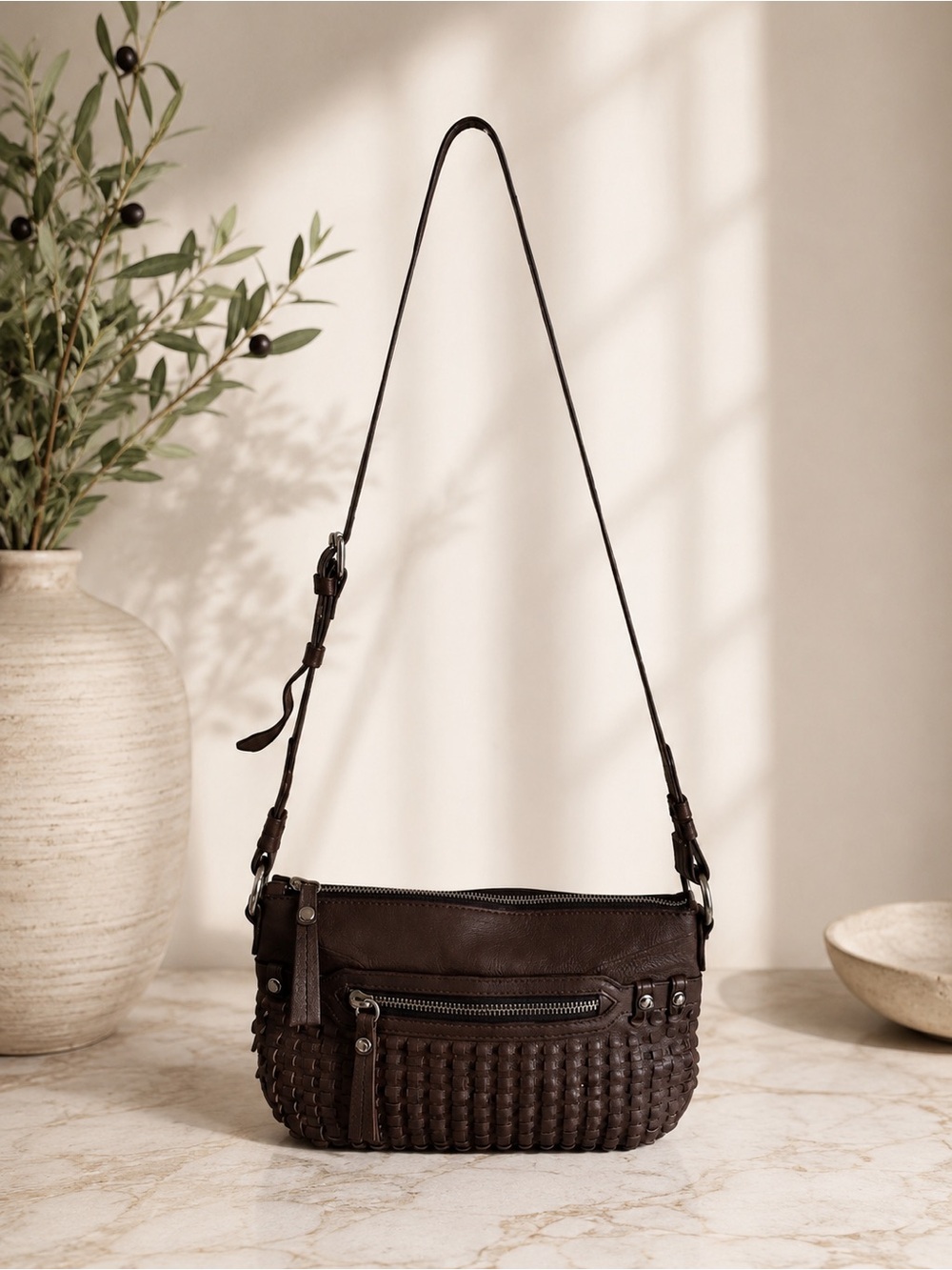 Oryany Brown Woven Leather Crossbody Shoulder Bag Silver Hardware - Picture 3 of 12